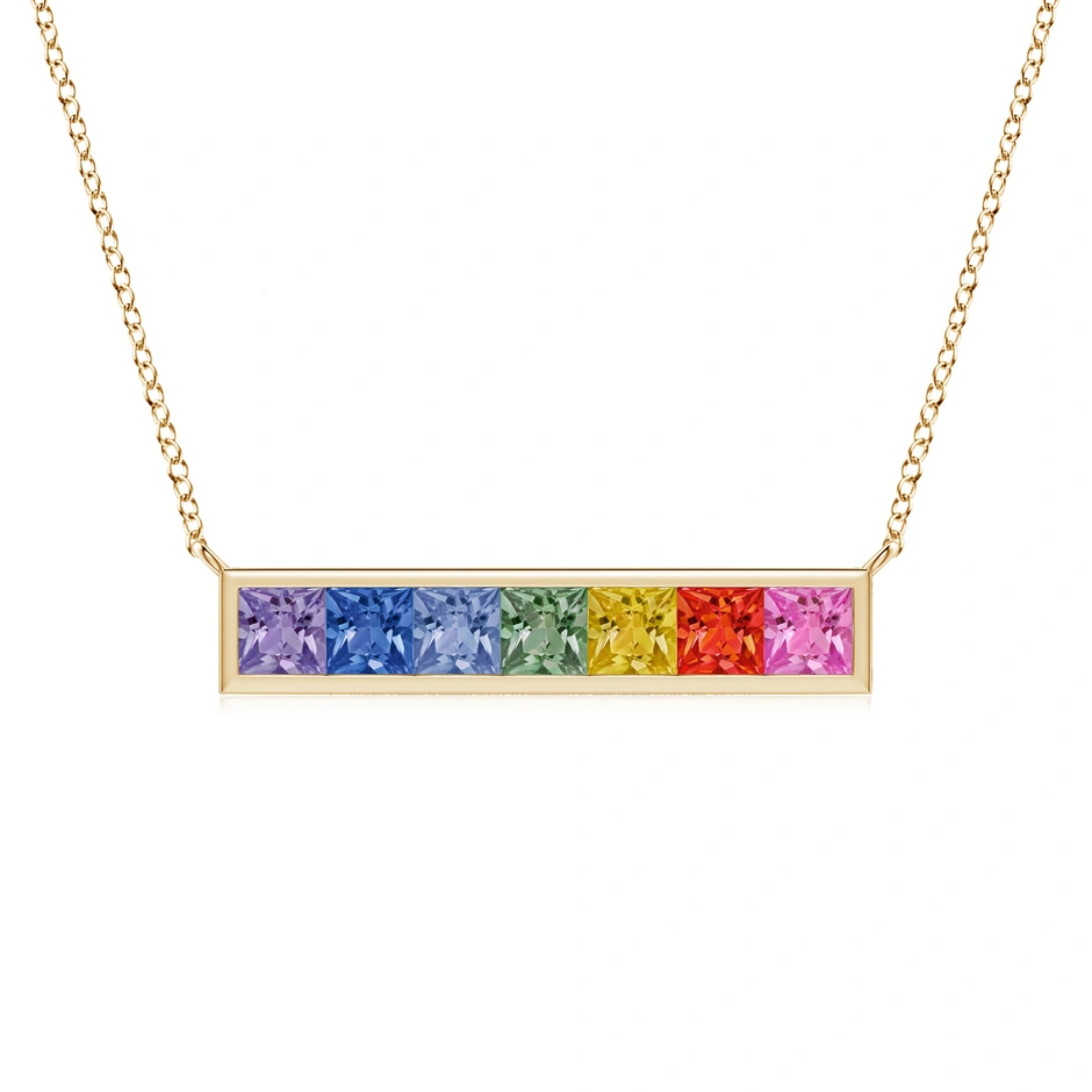 Channel Set Colored Sapphire Rainbow Necklace 14K Yellow Gold